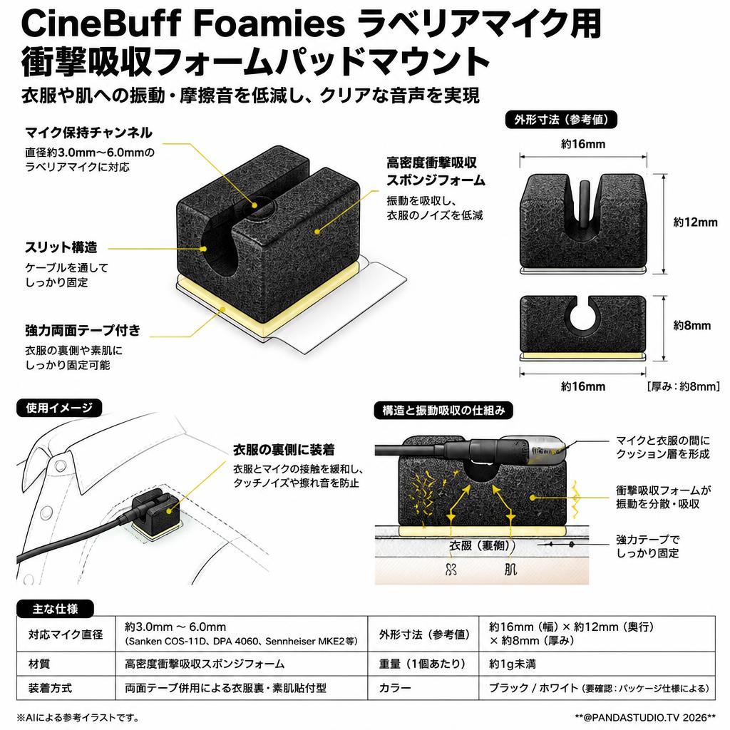 CineBuff Foamies ラベリアマイク用 衝撃吸収フォームパッドマウント 15個入り スペック