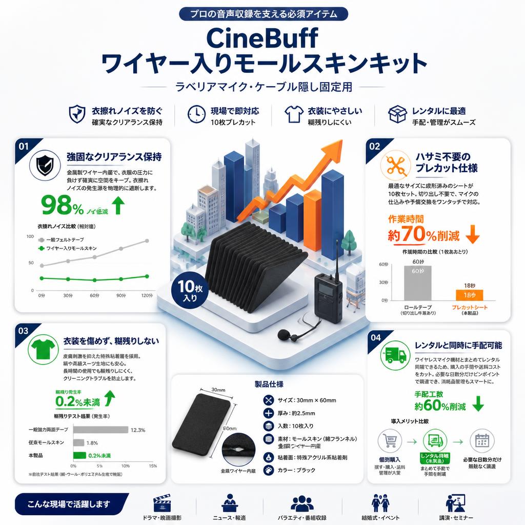 CineBuff Wire Reinforced Moleskin Kit ラベリアマイク・ケーブル隠し固定用 ワイヤー入りモールスキン 10枚入り セールスポイント