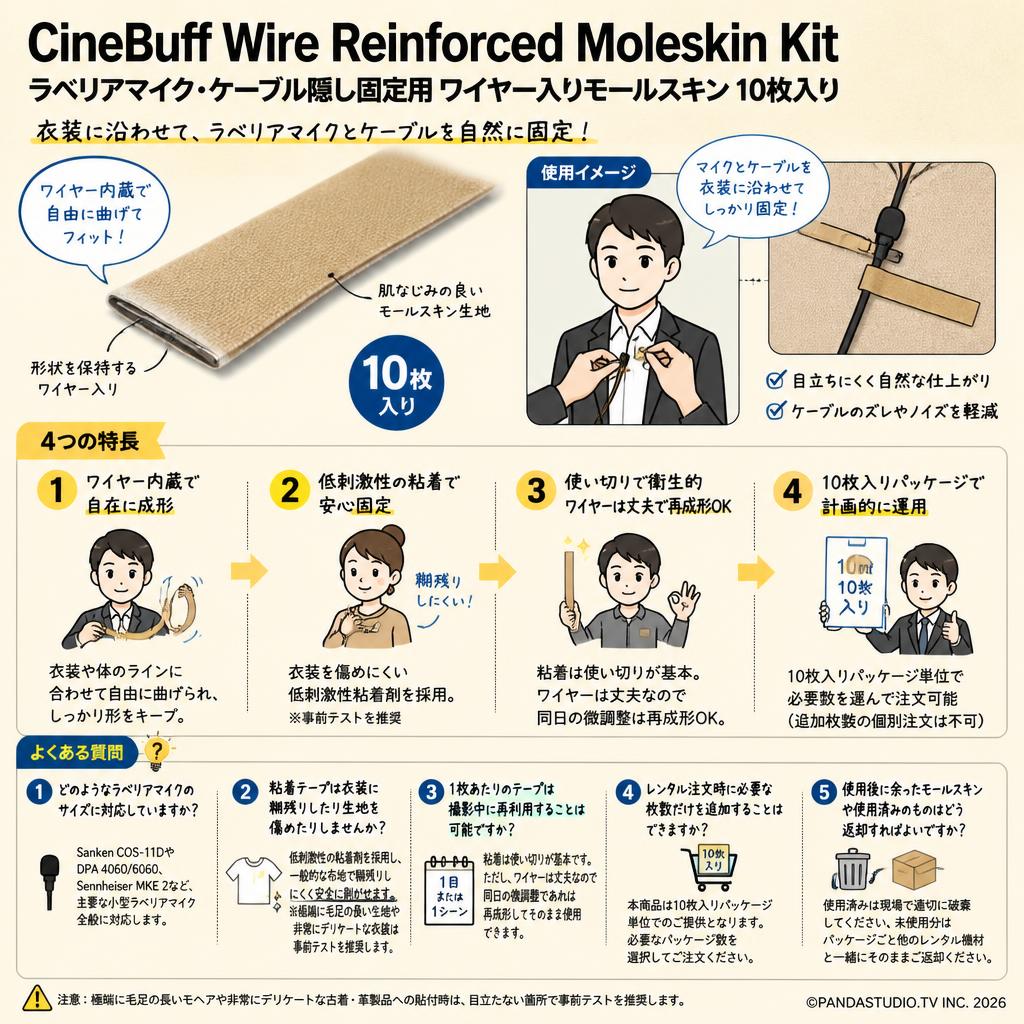 CineBuff Wire Reinforced Moleskin Kit ラベリアマイク・ケーブル隠し固定用 ワイヤー入りモールスキン 10枚入り FAQ（よくある質問と答え）