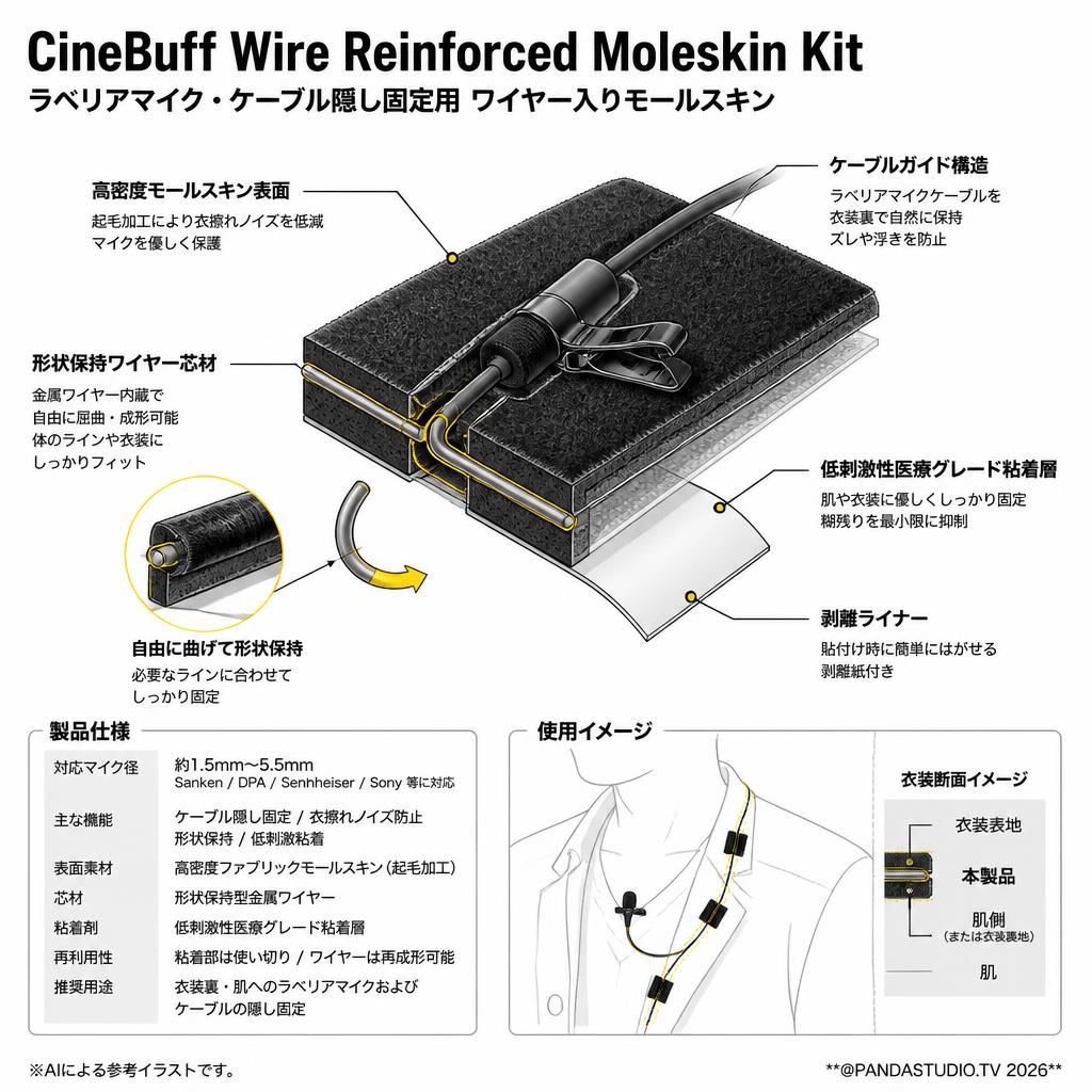 CineBuff Wire Reinforced Moleskin Kit ラベリアマイク・ケーブル隠し固定用 ワイヤー入りモールスキン 10枚入り スペック