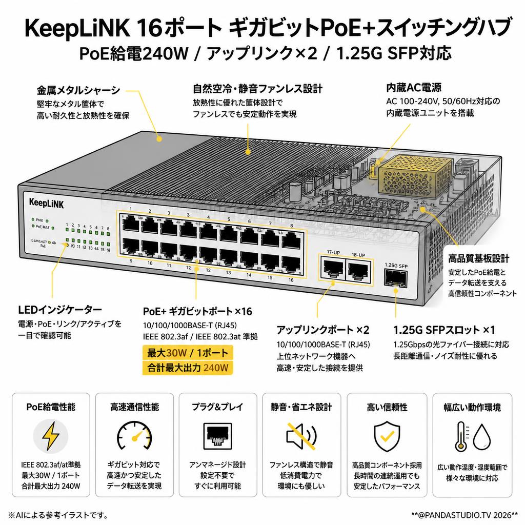 KeepLiNK 16ポート ギガビットPoE+スイッチングハブ PoE給電240W