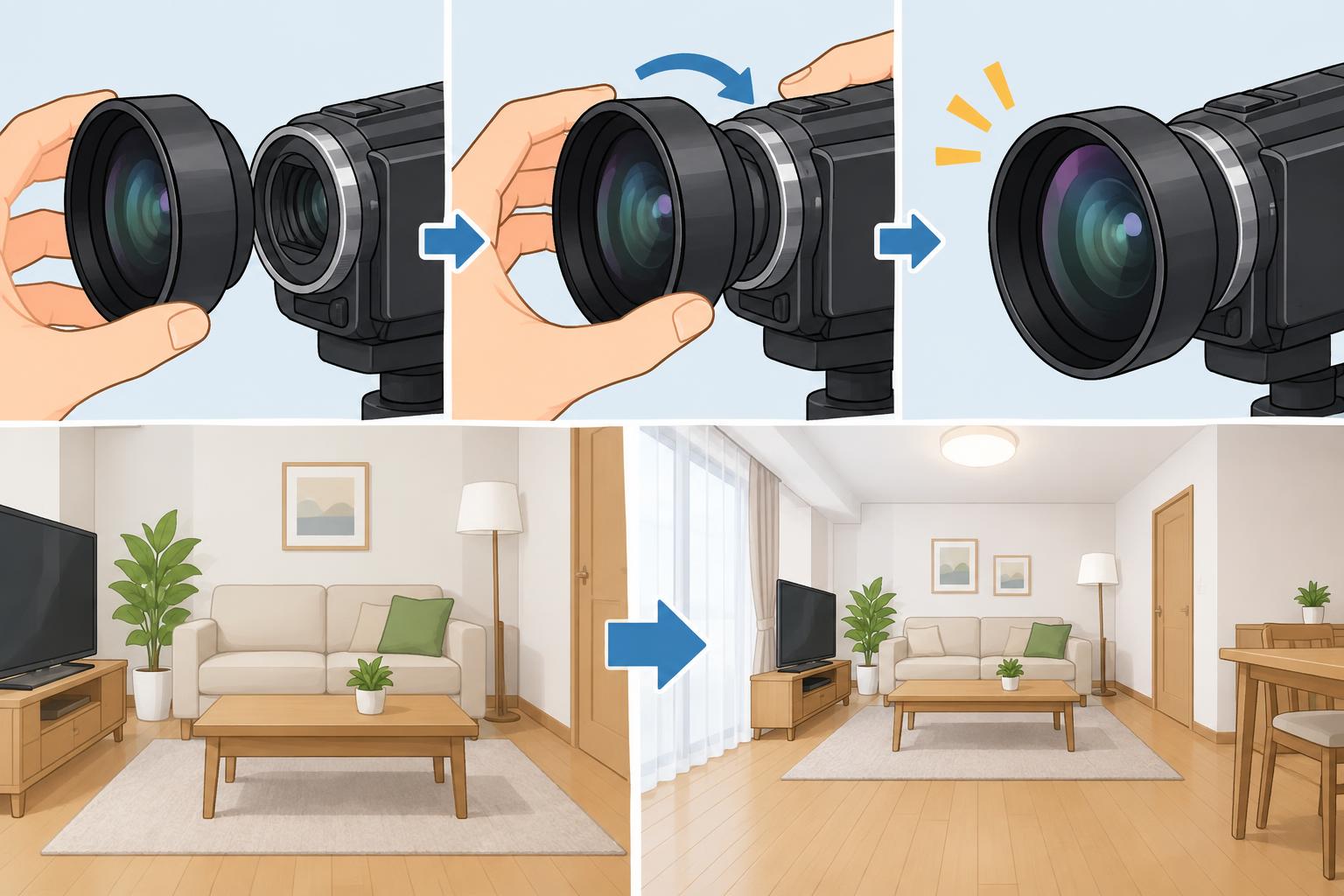ビデオカメラ用広角レンズの正しい取り付け方