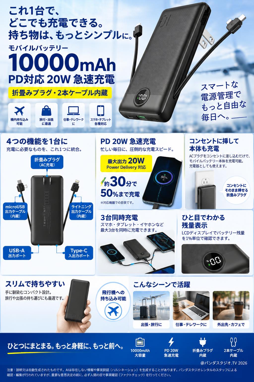 モバイルバッテリー 10000mAh PD対応 20W 急速充電 [折畳みプラグ・2本ケーブル USB Type-C×1、Lightning×1内蔵] 概要