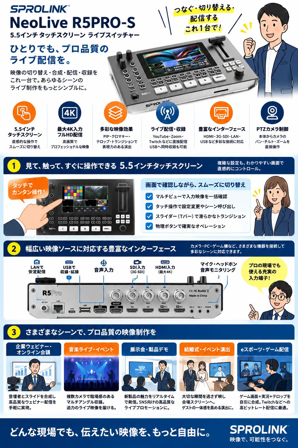 SPROLINK NeoLive R5PRO-S  5.5 インチタッチスクリーン ライブスイッチャー 用途