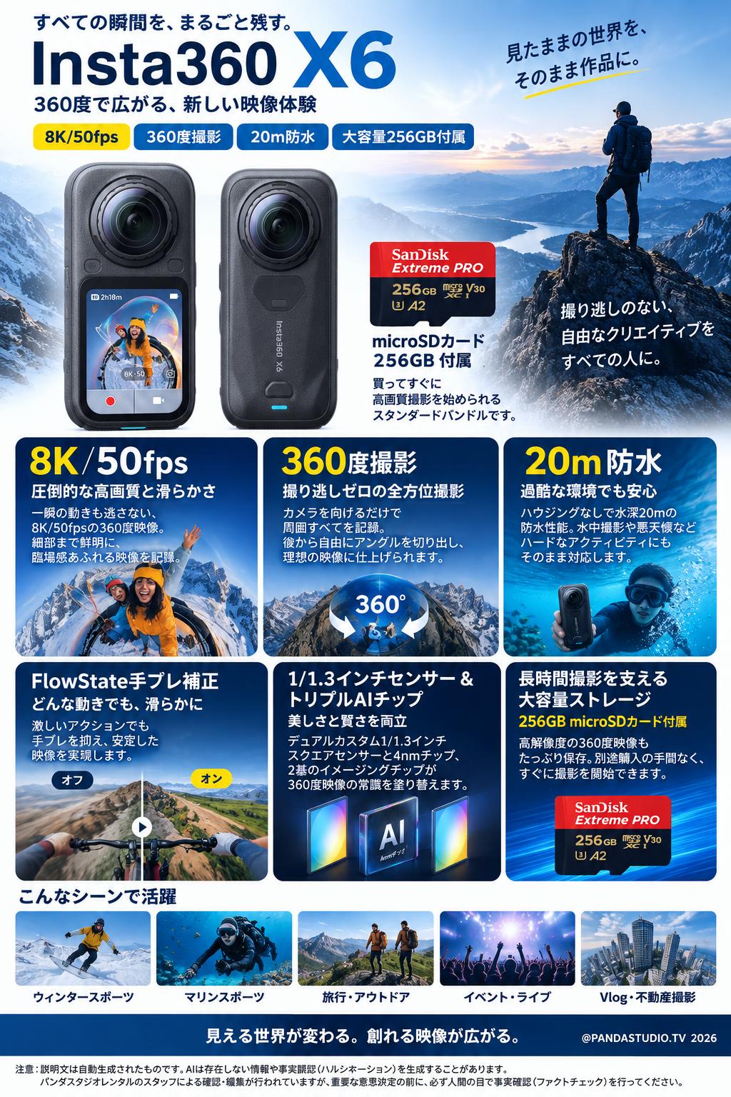 Insta360 X6 スタンダードバンドル  8K/50fps 360度カメラ 1/1.1インチセンサー 20m防水 ミッドナイトブラック  / マイクロSDカード 256GB付属 概要