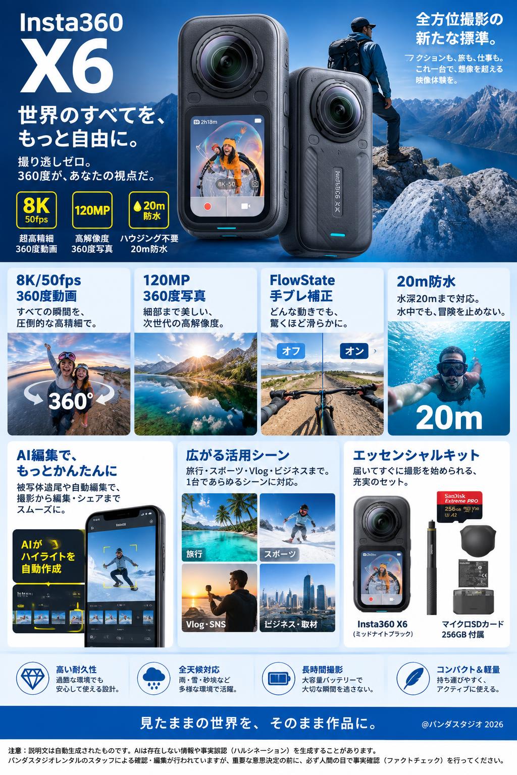 Insta360 X6 エッセンシャルキット 8K/50fps 360度カメラ 1/1.1インチセンサー 20m防水 ミッドナイトブラック  / マイクロSDカード 256GB付属 概要