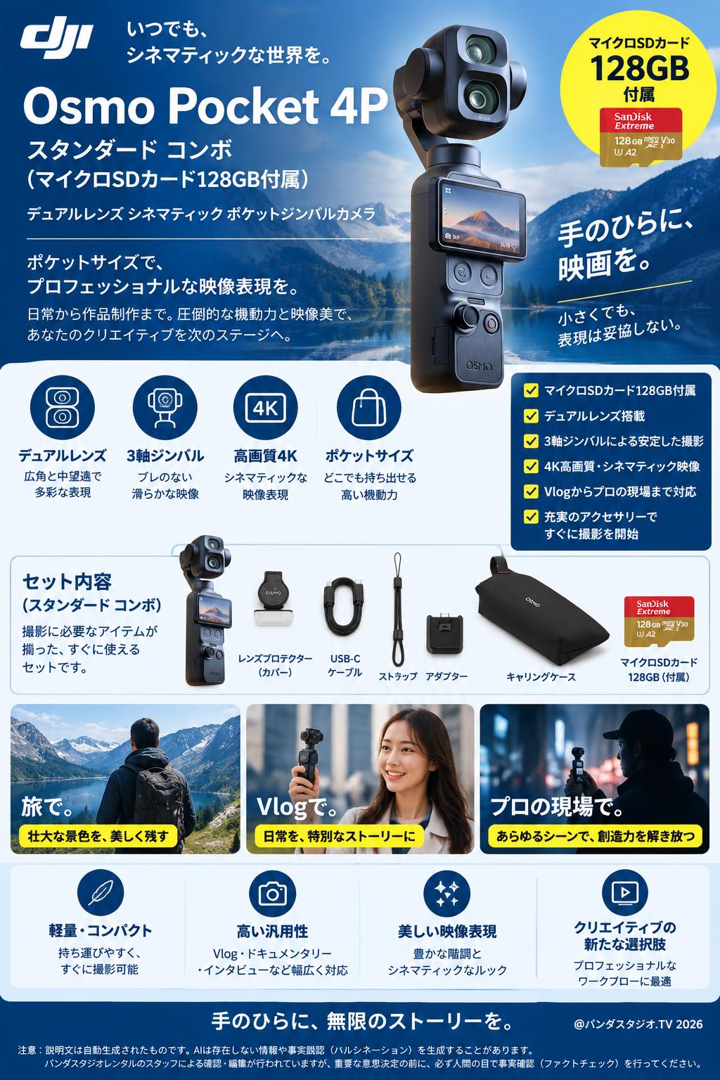 DJI Osmo Pocket 4P スタンダード コンボ (マイクロSDカード128GB付属