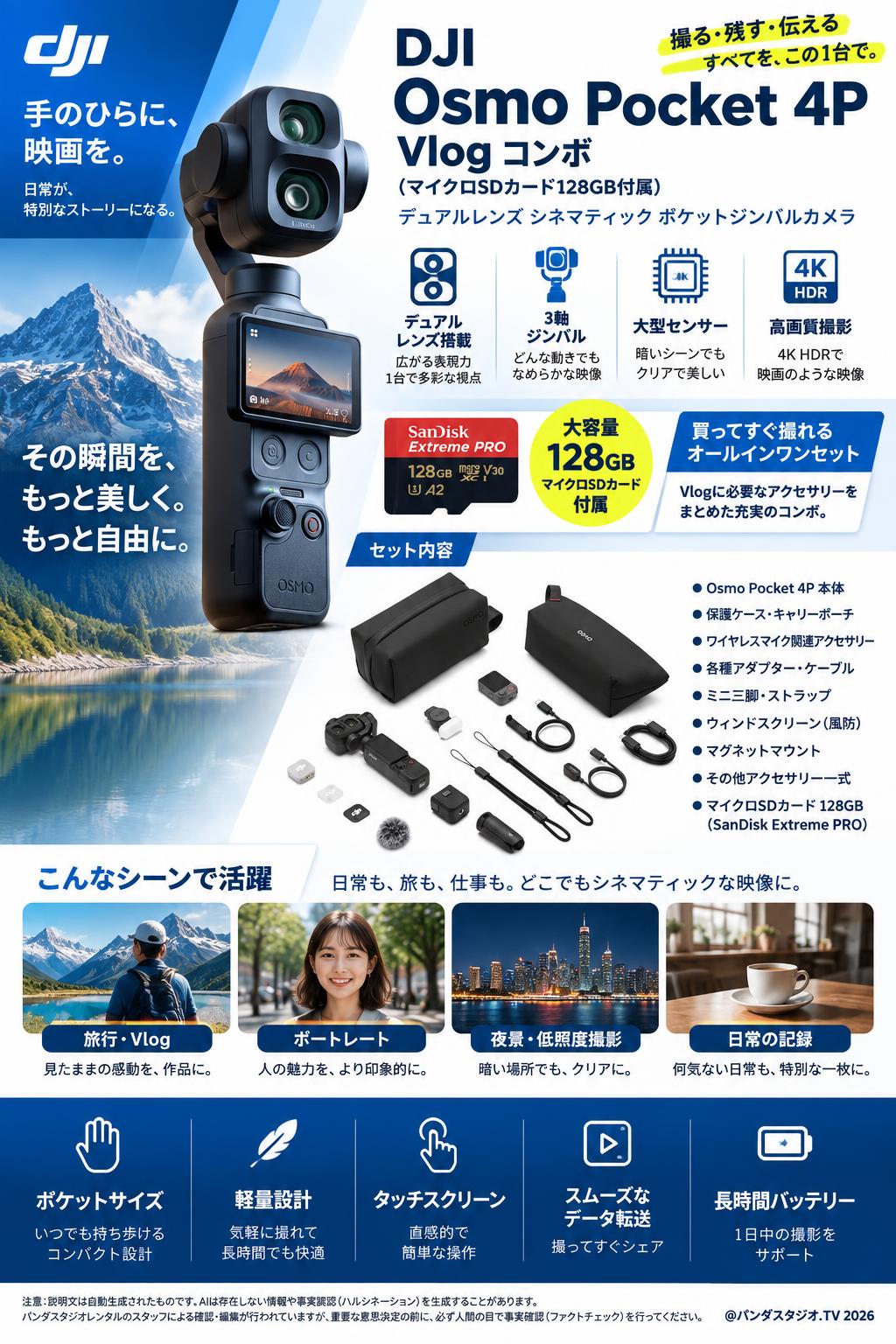 DJI Osmo Pocket 4P Vlog コンボ (マイクロSDカード128GB付属