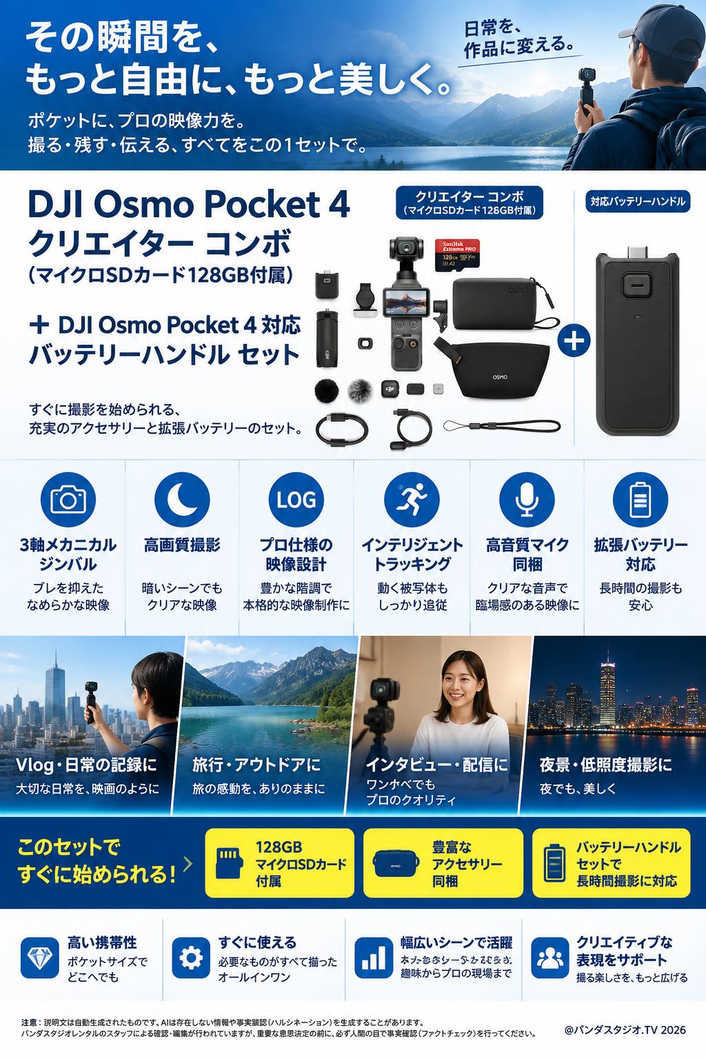 DJI Osmo Pocket 4 クリエイター コンボ (マイクロSDカード128GB付属) + DJI Osmo Pocket 4 対応 バッテリーハンドル セット 概要