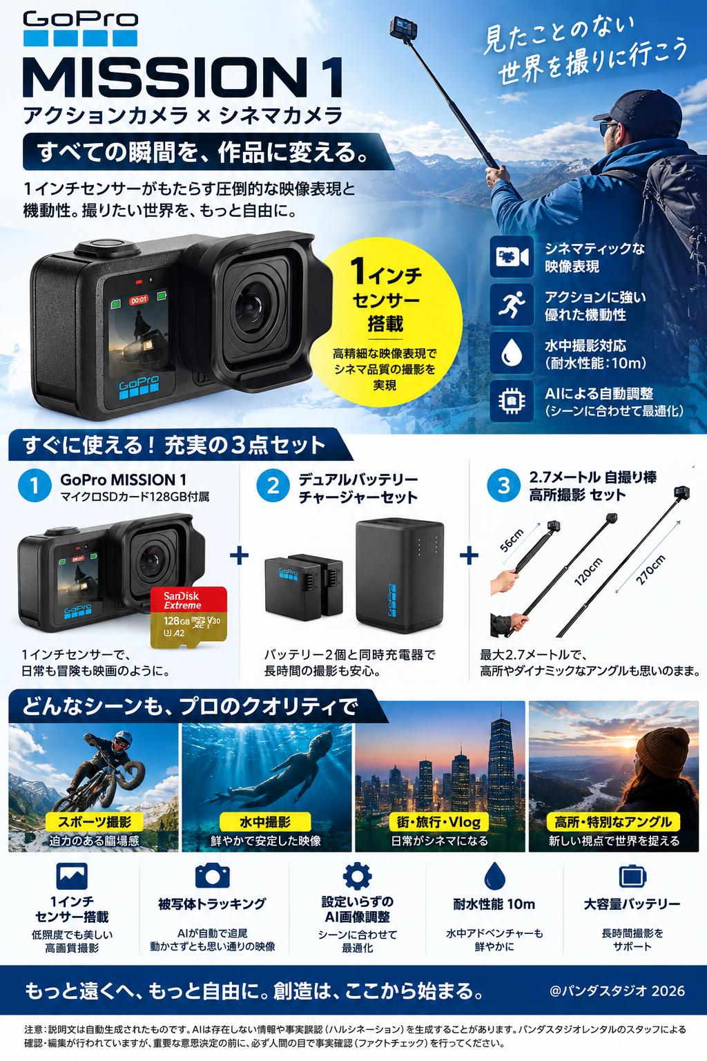 GoPro MISSION 1 アクションカメラ シネマカメラ 1インチセンサー搭載  （マイクロSDカード128GB付属）/ デュアルバッテリーチャージャー＋バッテリー2個セット / 2.7メートル 自撮り棒 高所撮影 セット 概要