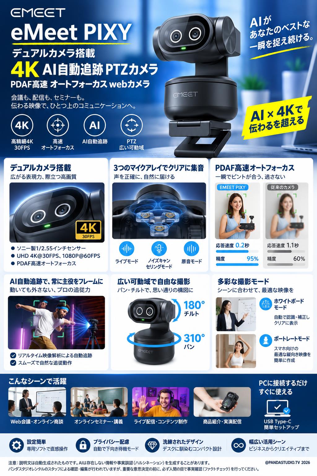 eMeet PIXY デュアルカメラ搭載 4K AI自動追跡 PTZカメラ PDAF高速