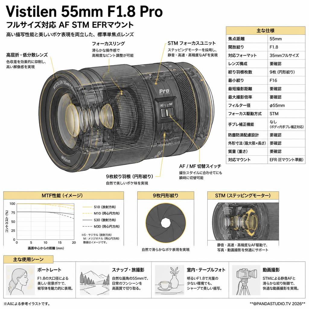 Vistilen 55mm F1.8 Pro フルサイズ対応 AF STM EFRマウント スペック