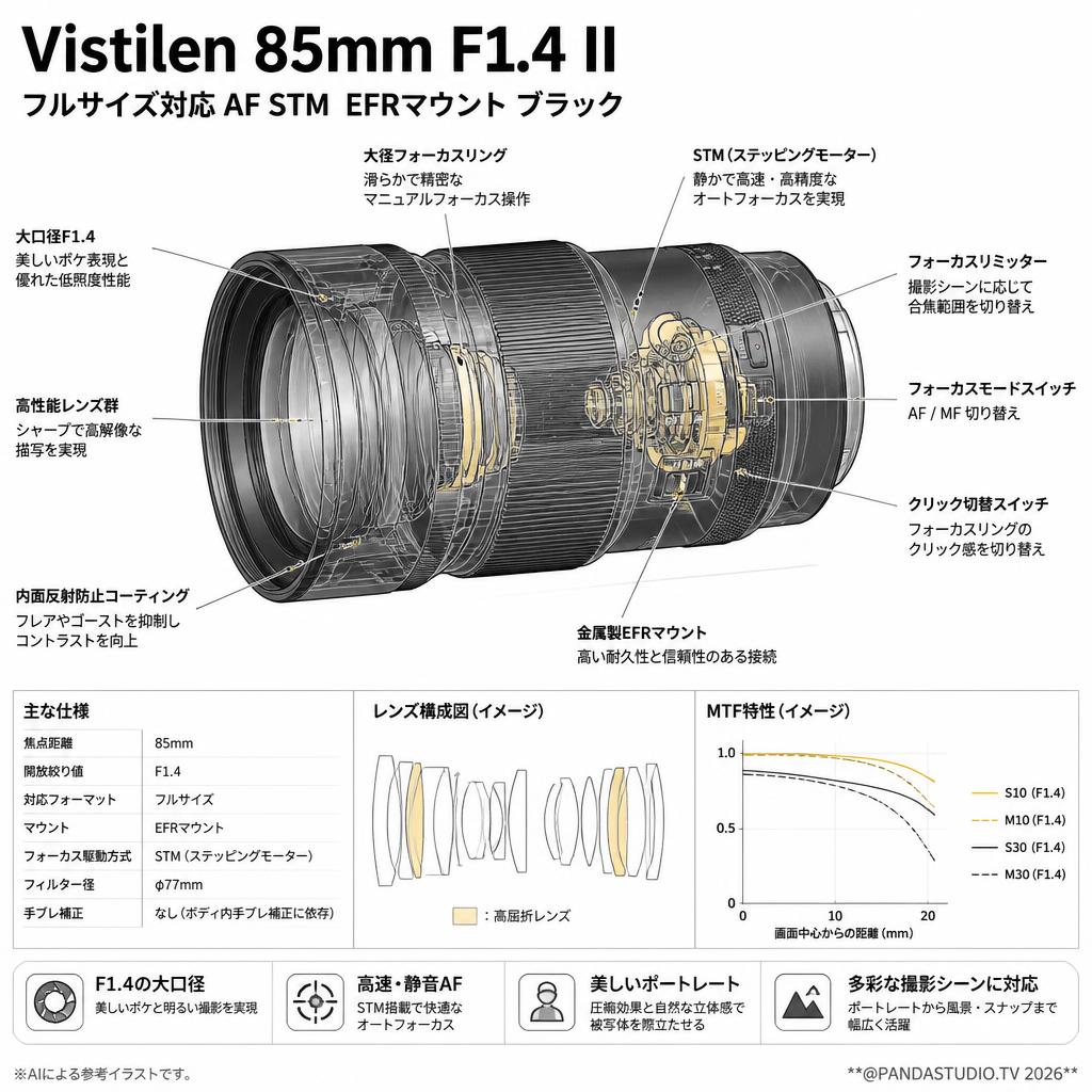 Vistilen 85mm F1.4 II フルサイズ対応 AF STM  EFRマウント ブラック スペック