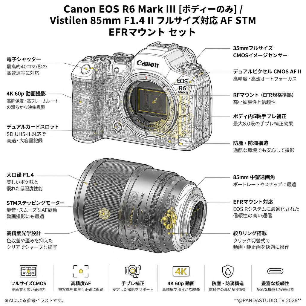 Canon EOS R6 Mark III [ボディーのみ] / Vistilen 85mm F1.4 II フルサイズ対応 AF STM  EFRマウント  セット スペック