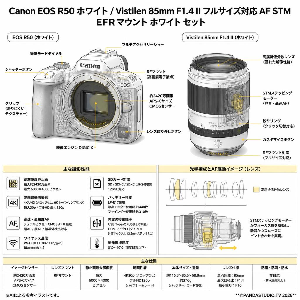 Canon EOS R50 SDカード 128G付属  ホワイト / Vistilen 85mm F1.4 II フルサイズ対応 AF STM  EFRマウント  ホワイト  セット スペック