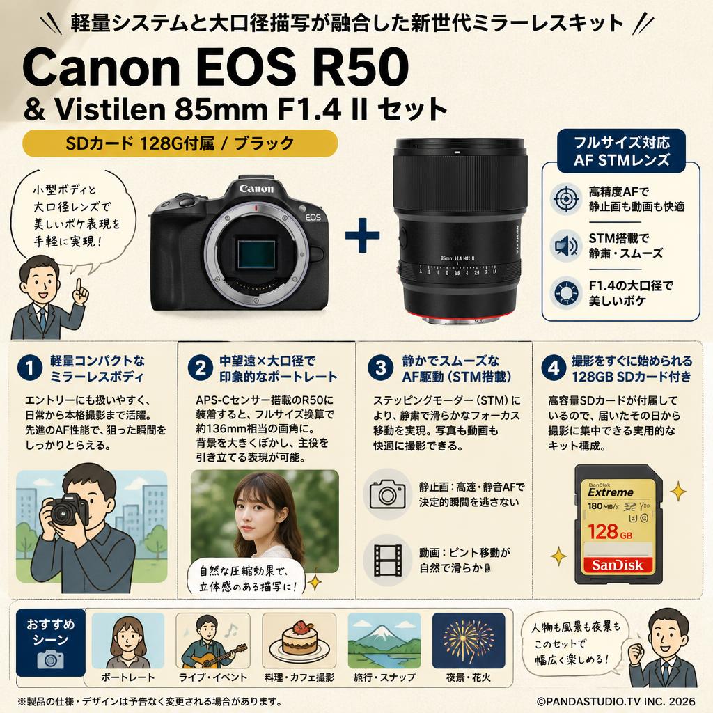 Canon EOS R50 SDカード 128G付属 ブラック /  Vistilen 85mm F1.4 II フルサイズ対応 AF STM  EFRマウント ブラック  セット 概要