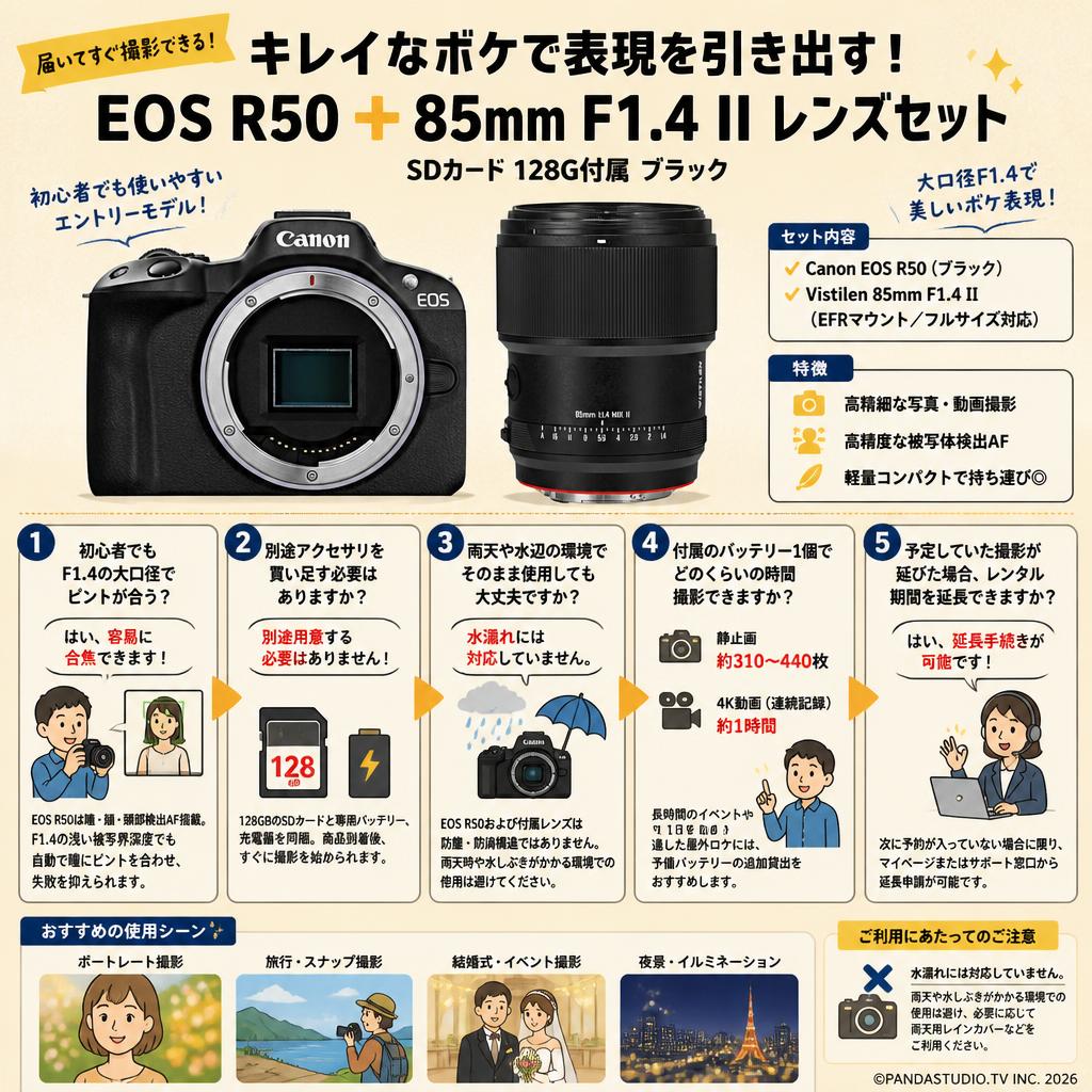 Canon EOS R50 SDカード 128G付属 ブラック / Vistilen 85mm F1.4 II
