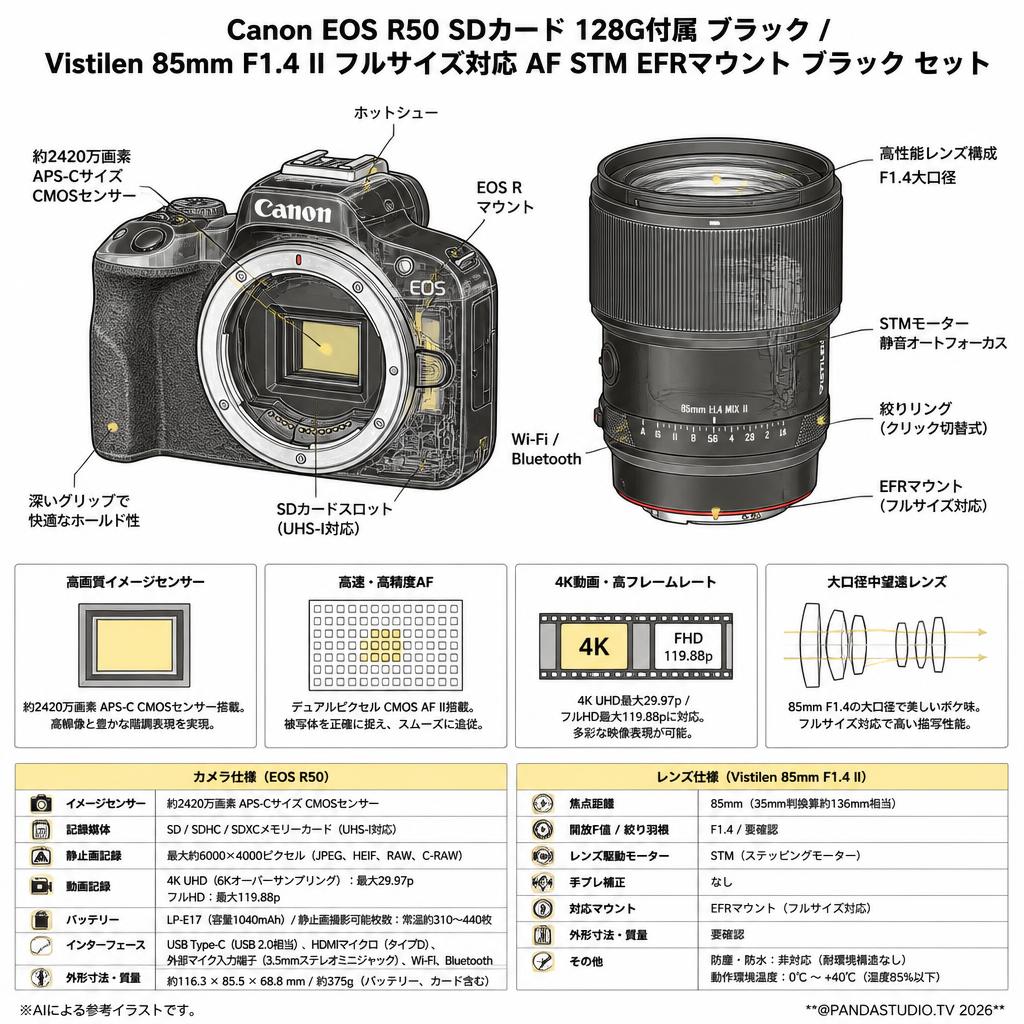 Canon EOS R50 SDカード 128G付属 ブラック / Vistilen 85mm F1.4 II