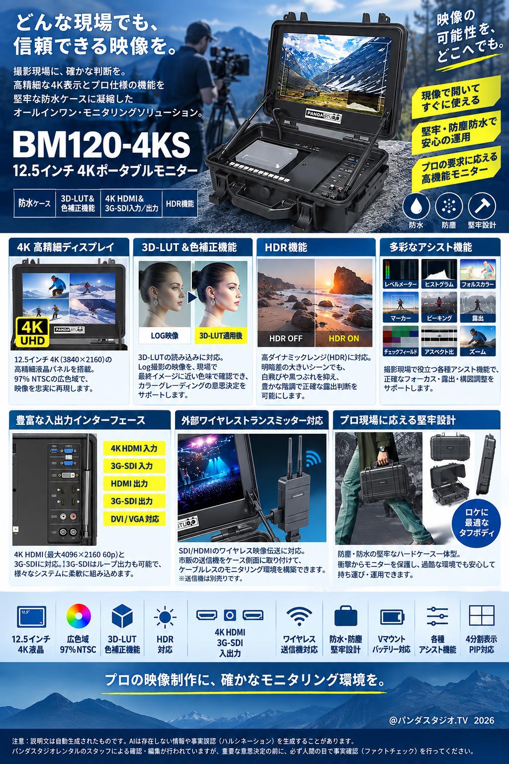 BM120-4KS 12.5インチ 4Kポータブルモニター 防水ケース 3D-LUT&色補正機能 4K HDMI&3G-SDI入力/出力 HDR機能 概要