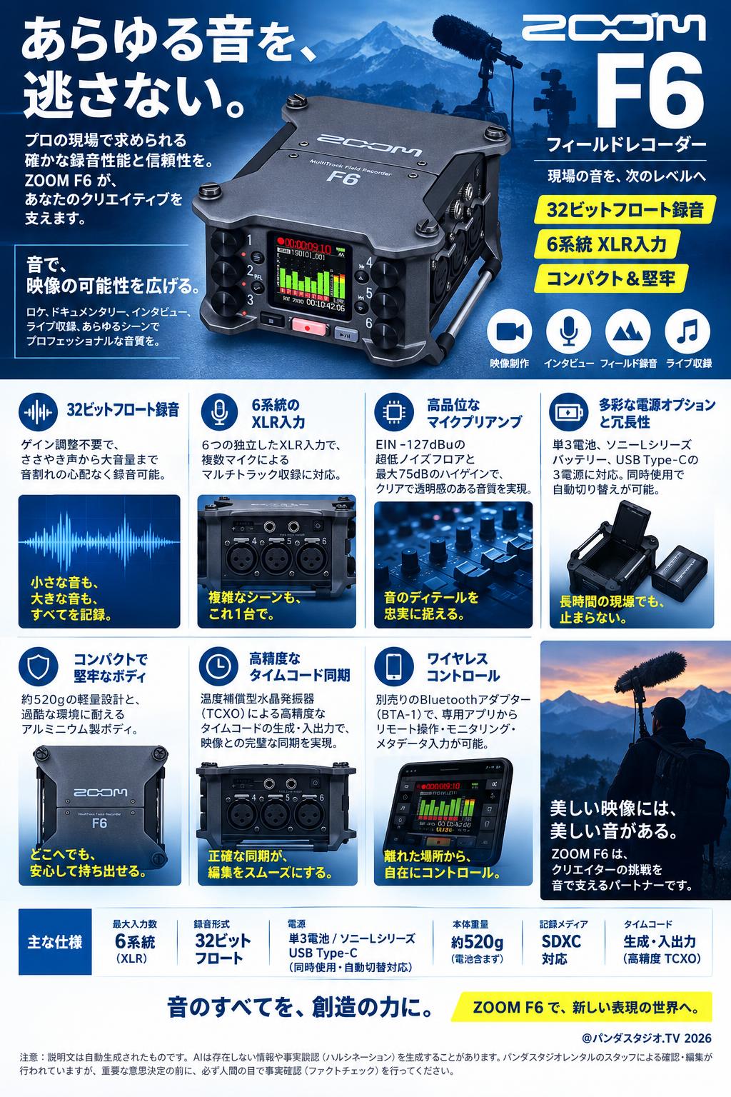 ZOOM F6 | パンダスタジオ・レンタル公式サイト