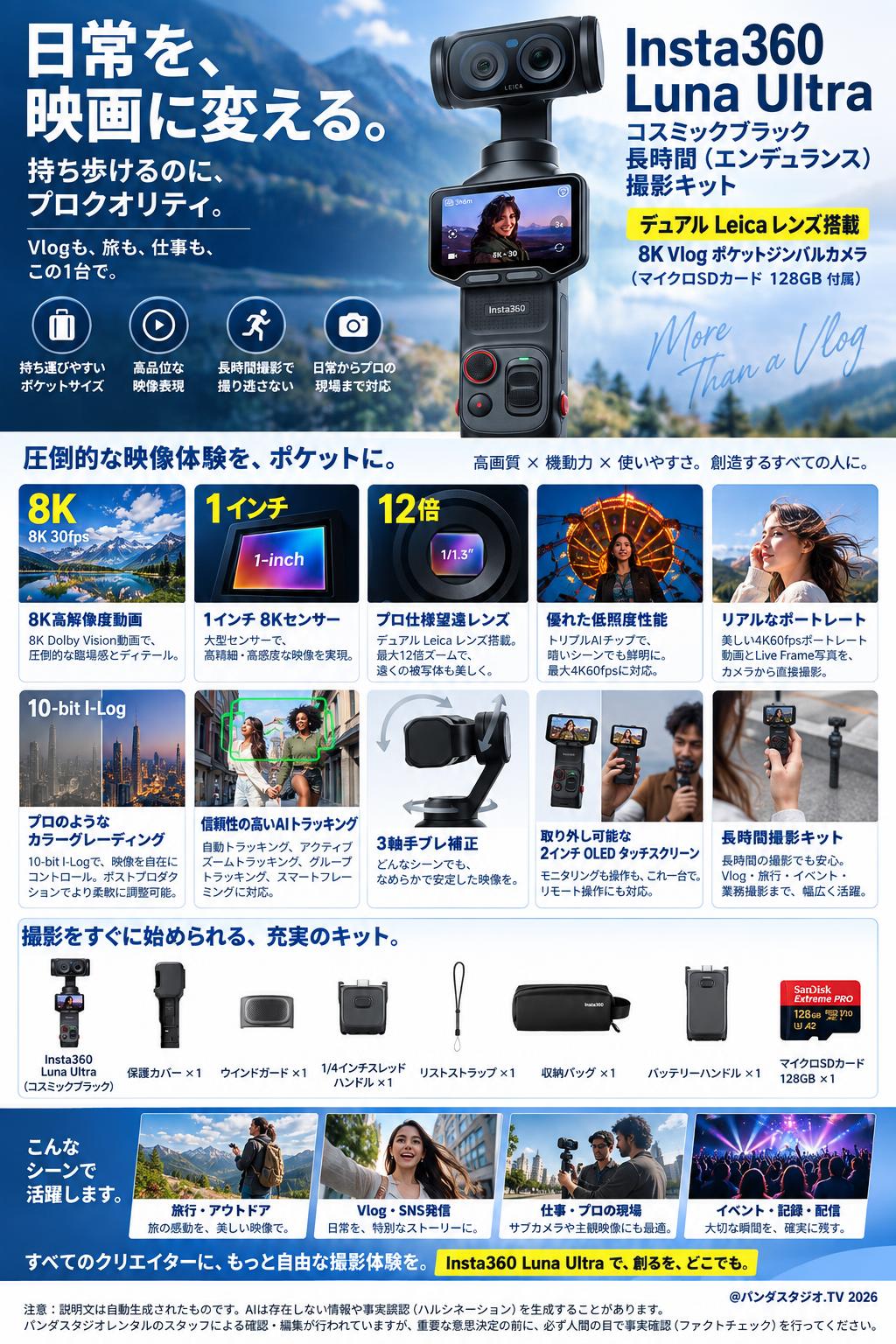 Insta360 Luna Ultra コスミックブラック 長時間（エンデュランス）撮影キット デュアルLeicaレンズ 搭載8K Vlogポケットジンバルカメラ (マイクロSDカード128GB付属) 概要