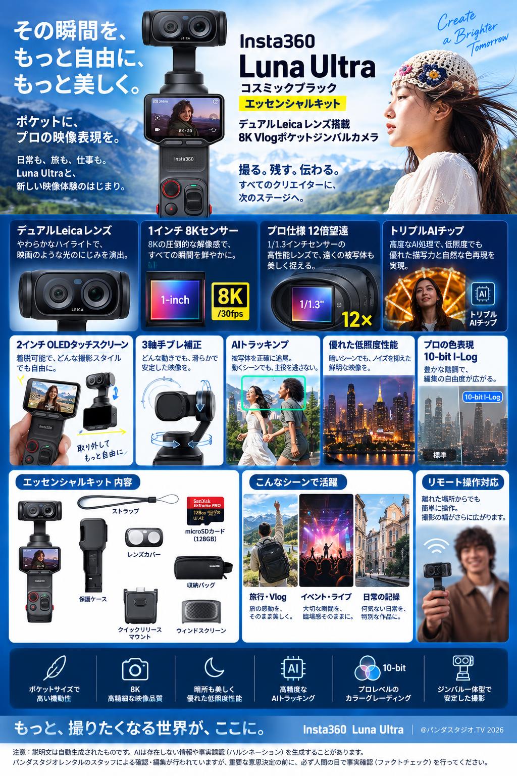 Insta360 Luna Ultra コスミックブラック エッセンシャルキット デュアルLeicaレンズ搭載8K Vlogポケットジンバルカメラ 概要