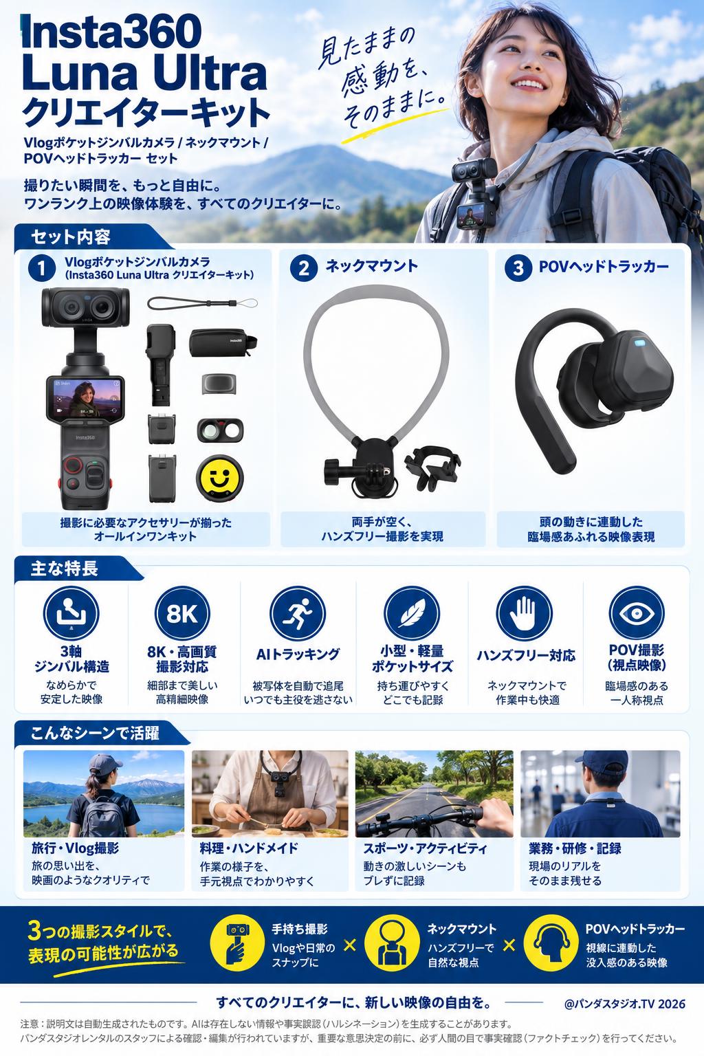 Insta360 Luna Ultra クリエイターキット Vlogポケットジンバルカメラ / ネックマウント / POVヘッドトラッカー  セット 概要