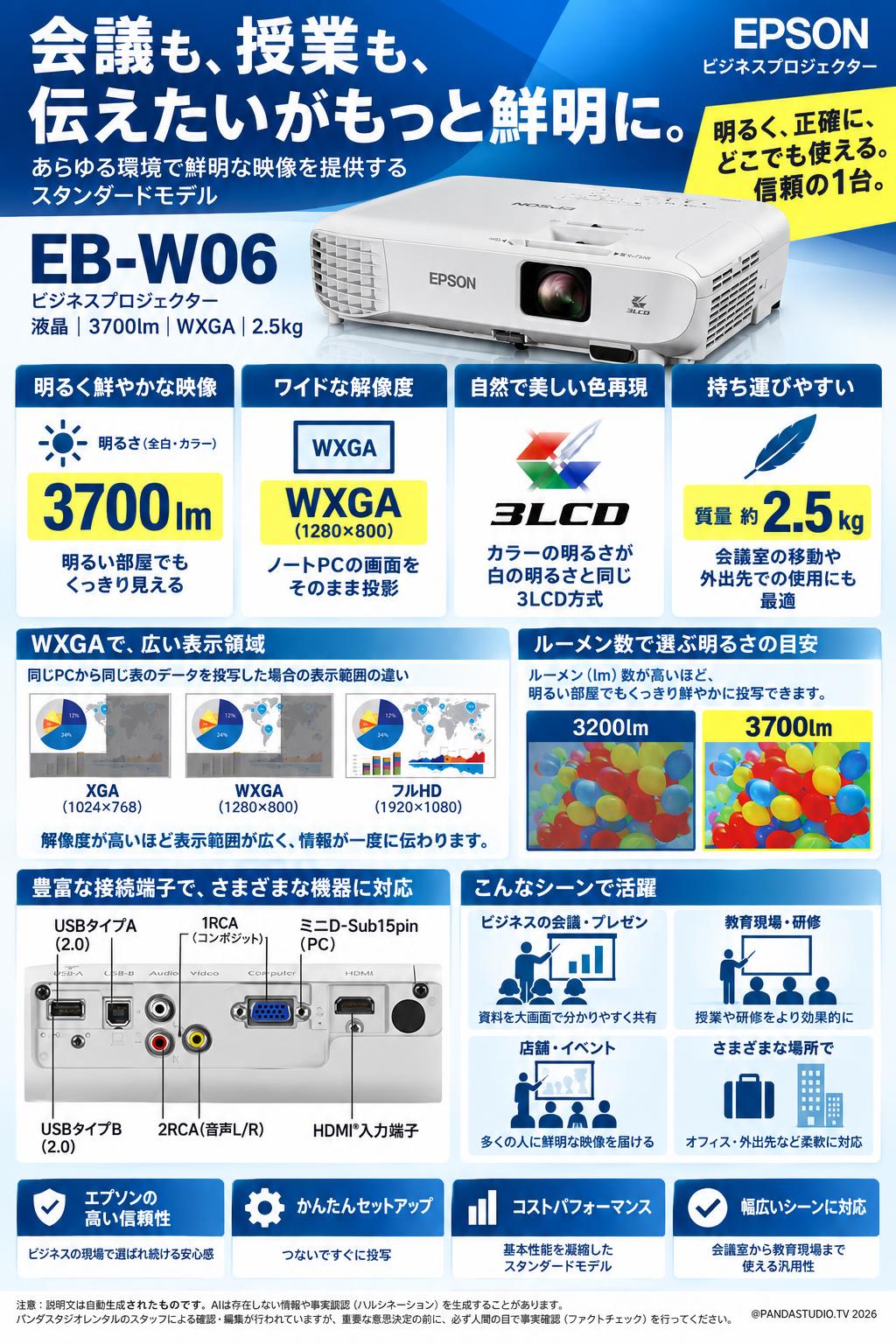 EPSON ビジネスプロジェクター 液晶 3700lm WXGA 2.5kg EB-W06