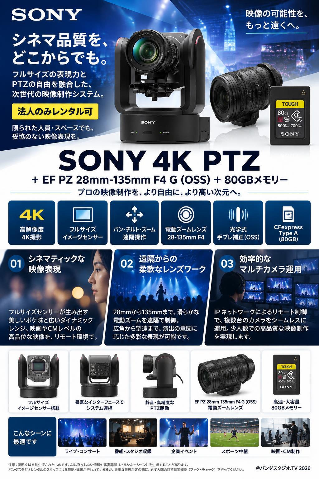 SONY 4K PTZ ＋EF PZ 28mm-135mm F4 G (OSS)＋ 80GBメモリー【法人のみレンタル可】 概要