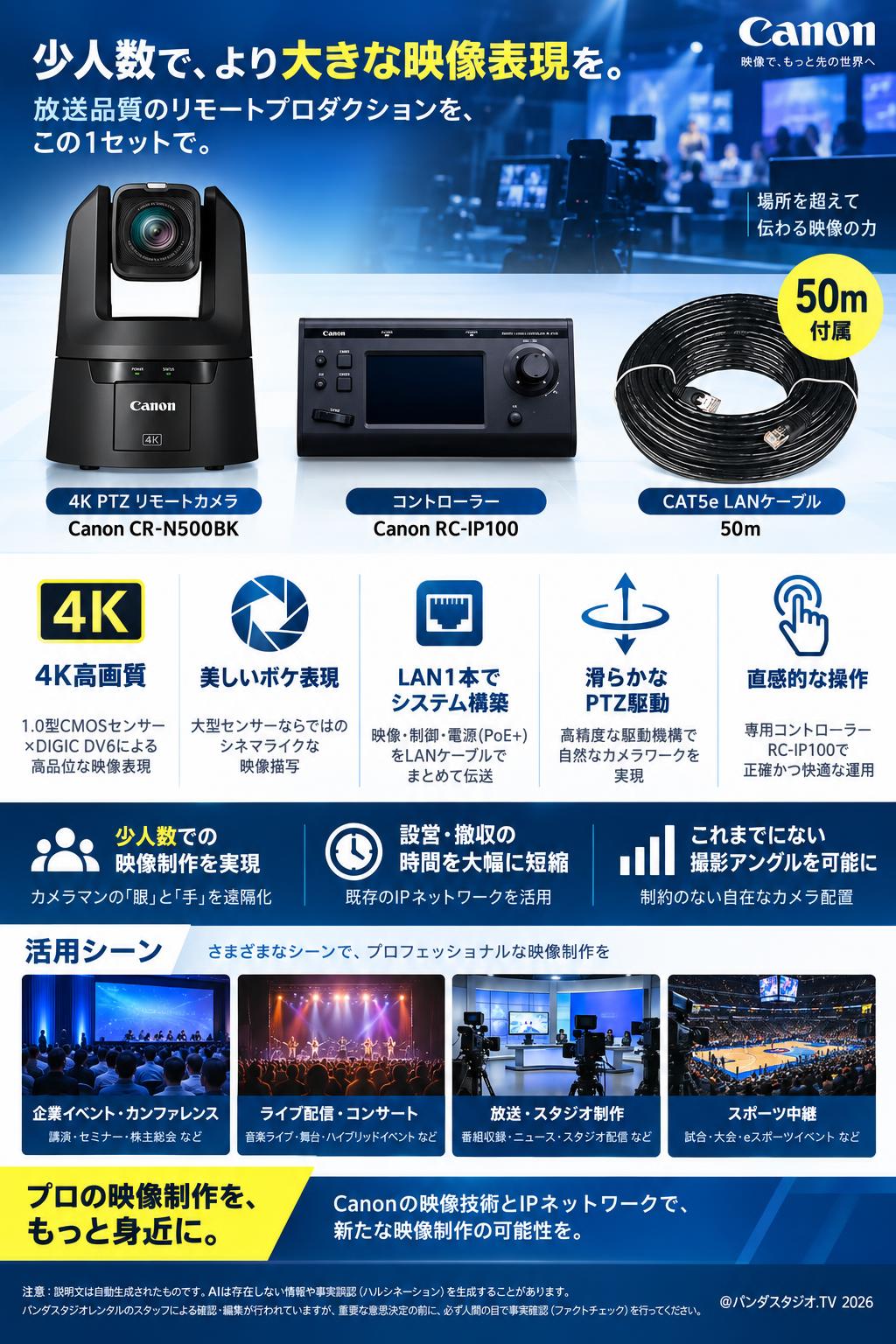 Canon 4K PTZ リモートカメラ / コントローラー / CAT5e LANケーブル