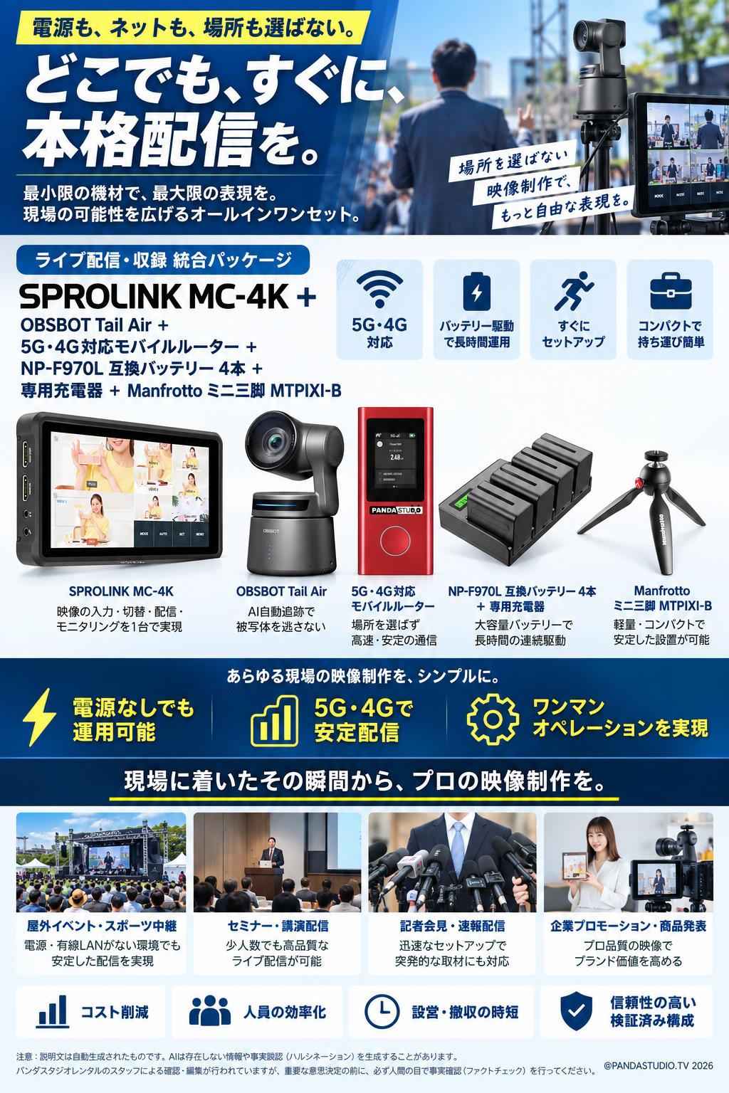 SPROLINK MC-4K ＋OBSBOT Tail Air＋5G・4G対応モバイルルーター+NP-F970L 互換バッテリー 4本＋専用充電器＋Manfrotto ミニ三脚 MTPIXI-B 概要