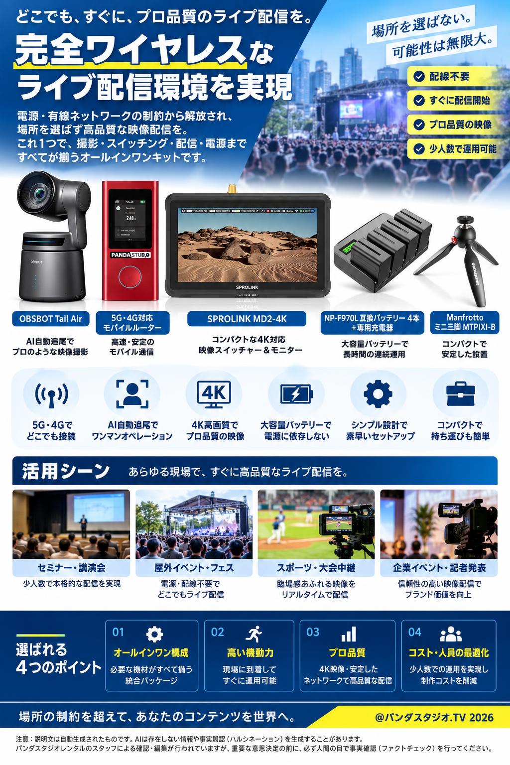 SPROLINK MD2-4K＋OBSBOT Tail Air＋5G・4G対応モバイルルーター+NP-F970L 互換バッテリー 4本＋専用充電器＋Manfrotto ミニ三脚 MTPIXI-B 概要