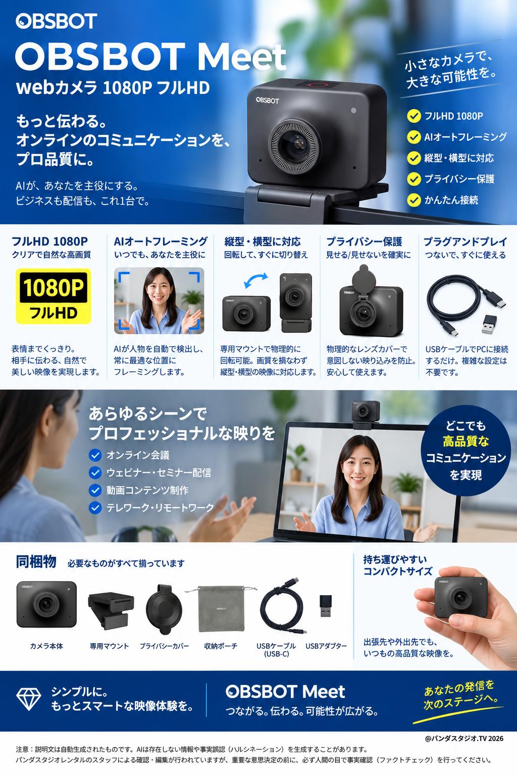 OBSBOT Meet webカメラ 1080P フルHD | パンダスタジオ・レンタル公式