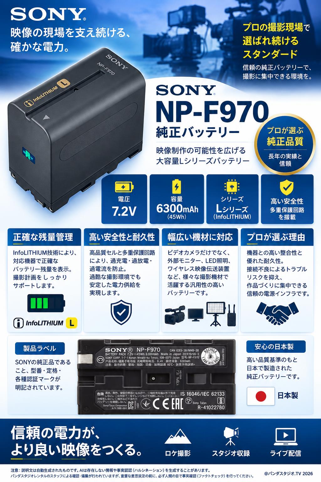 SONY NP-F970 純正バッテリー | パンダスタジオ・レンタル公式サイト