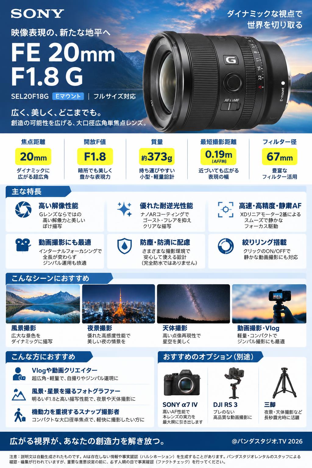 SONY FE 20mm F1.8 G Eマウント. SEL20F18G 概要