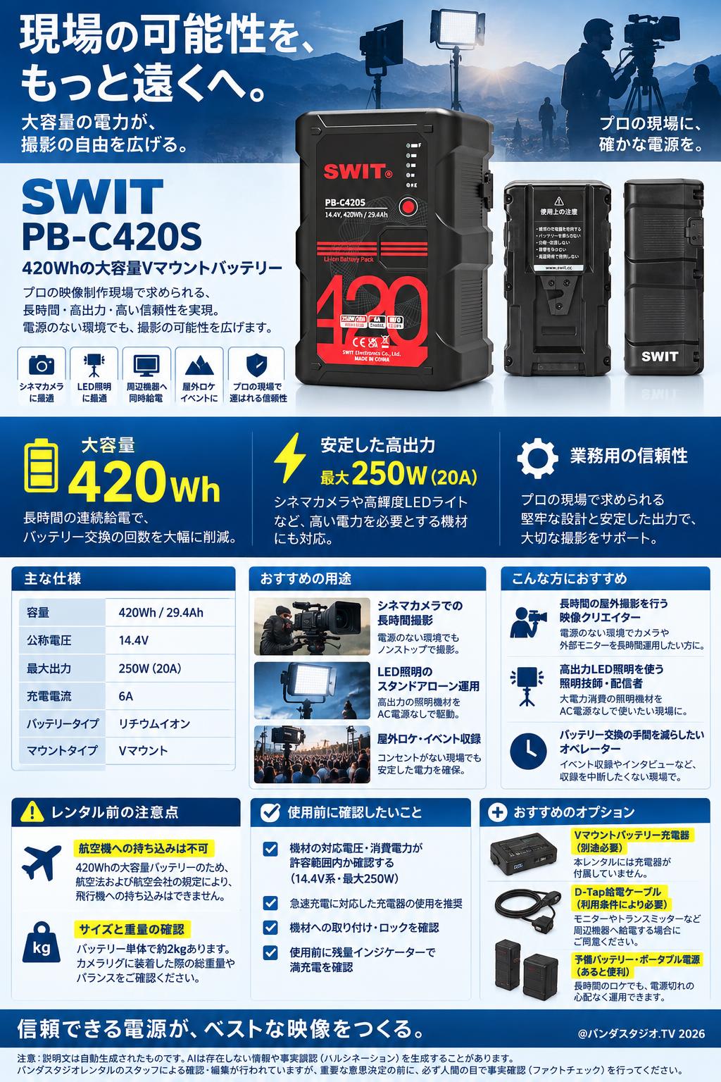 SWIT PB-C420S 420Whの大容量Vマウントバッテリー 概要