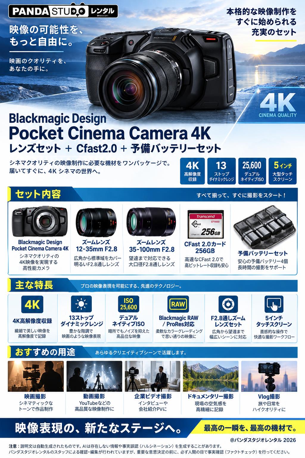 Blackmagic Design Pocket Cinema Camera 4K レンズセット ＋ Cfast2.0 ＋ 予備バッテリーセット 概要