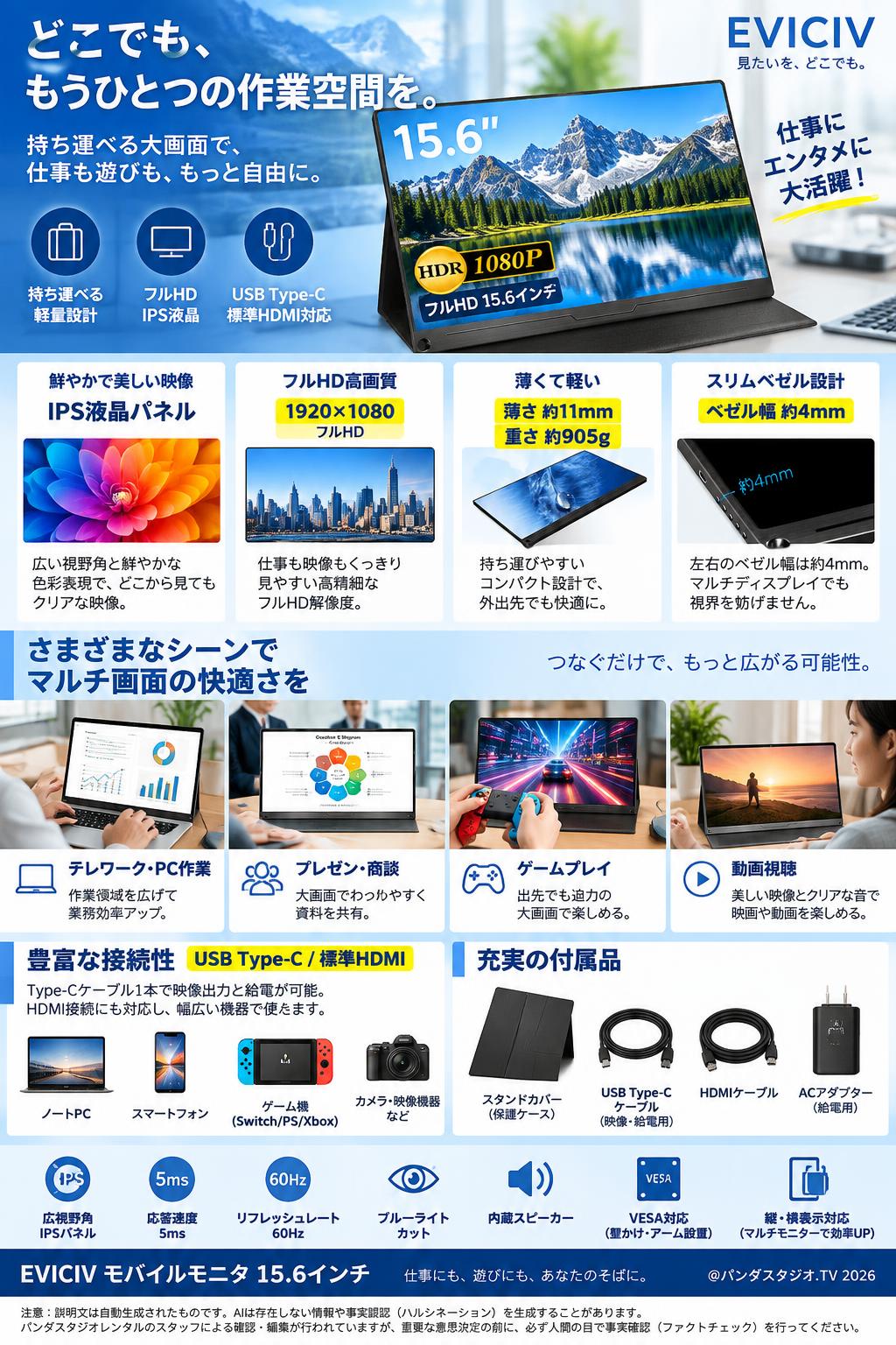EVICIV モバイルモニタ 15.6インチ IPS液晶 USB Type-C/標準HDMI スタンドカバー ACアダプター付 概要