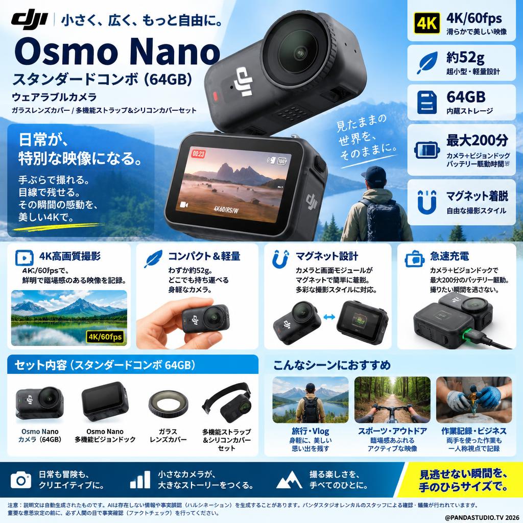 DJI Osmo Nanoスタンダードコンボ (64GB) ウェアラブルカメラ4K / ガラスレンズカバー / 多機能ストラップ＆シリコンカバーセット 概要