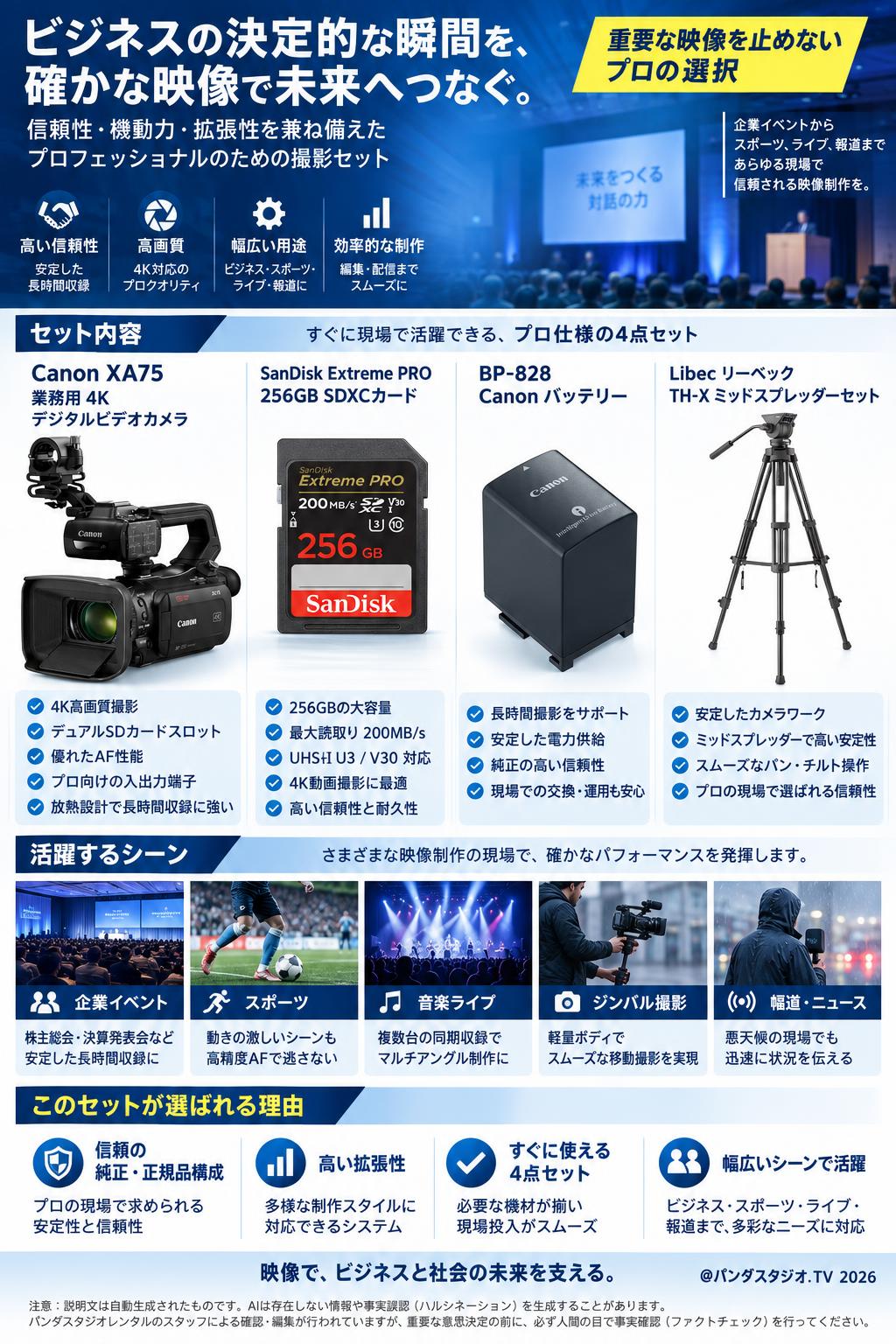 Canon XA75 業務用 4K デジタルビデオ カメラ / SanDisk Extreme PRO 256GB SDXCカード / BP-828 Canon バッテリー / Libec リーベック TH-X ミッドスプレッダーセット 用途・使用例・利用シーン