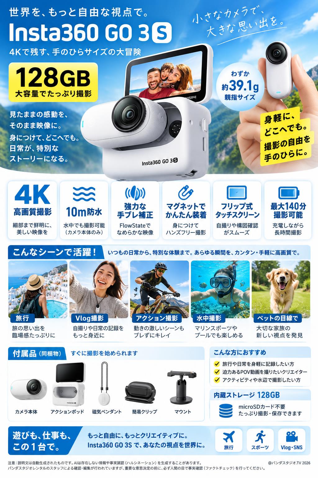 Insta360 GO 3S 128GB 【4K小型・防水・手ブレ補正・Vlog用アクションカメラ】白 概要