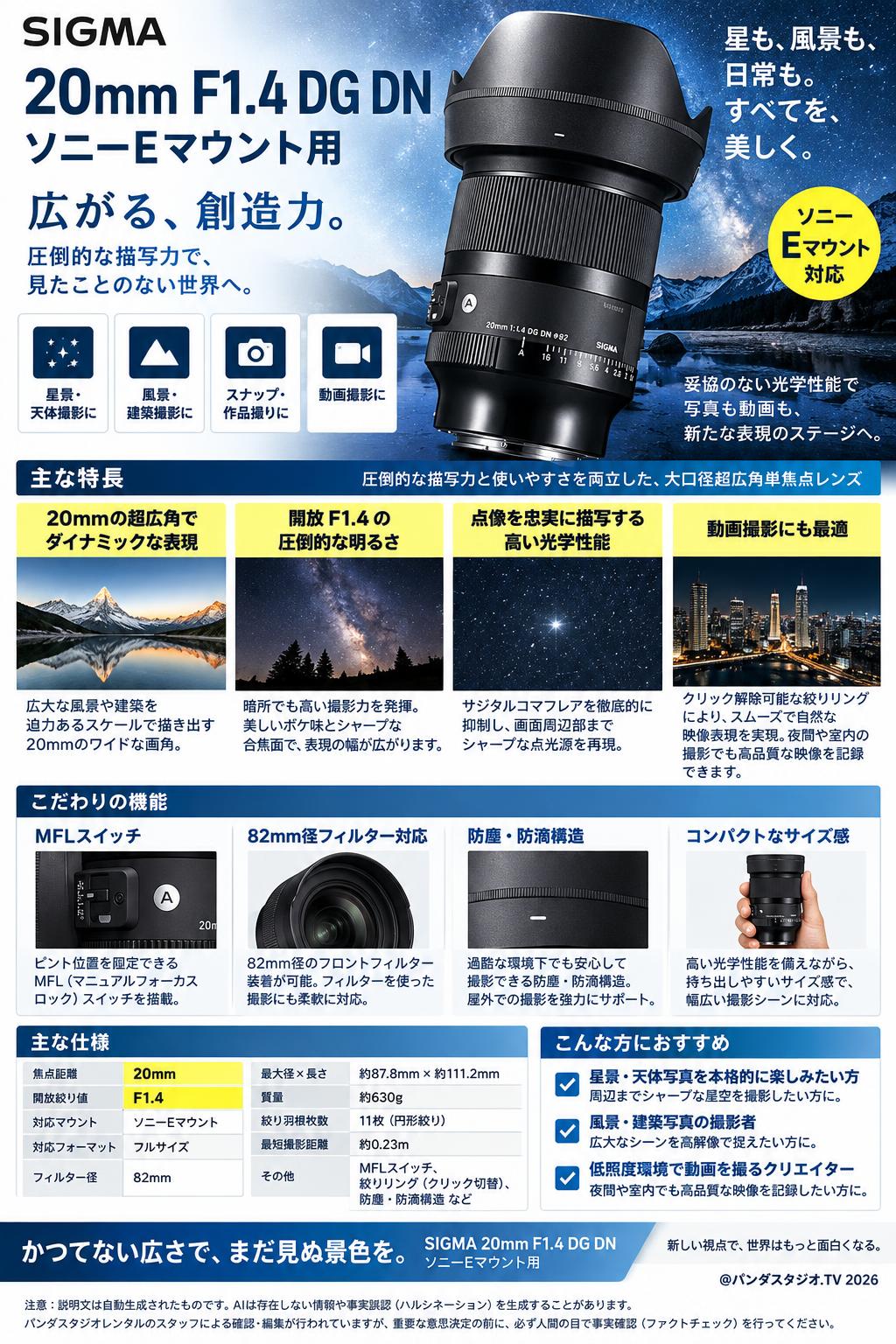 SIGMA 20mm F1.4 DG DN  ソニーEマウント用 概要