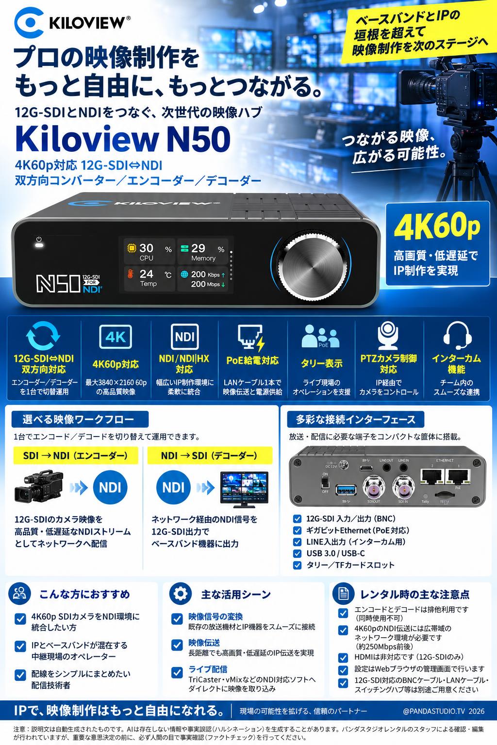 『入荷予定』Kiloview N50 4K60p対応 12G-SDI⇔NDI 双方向コンバーター / エンコーダー / デコーダー 概要