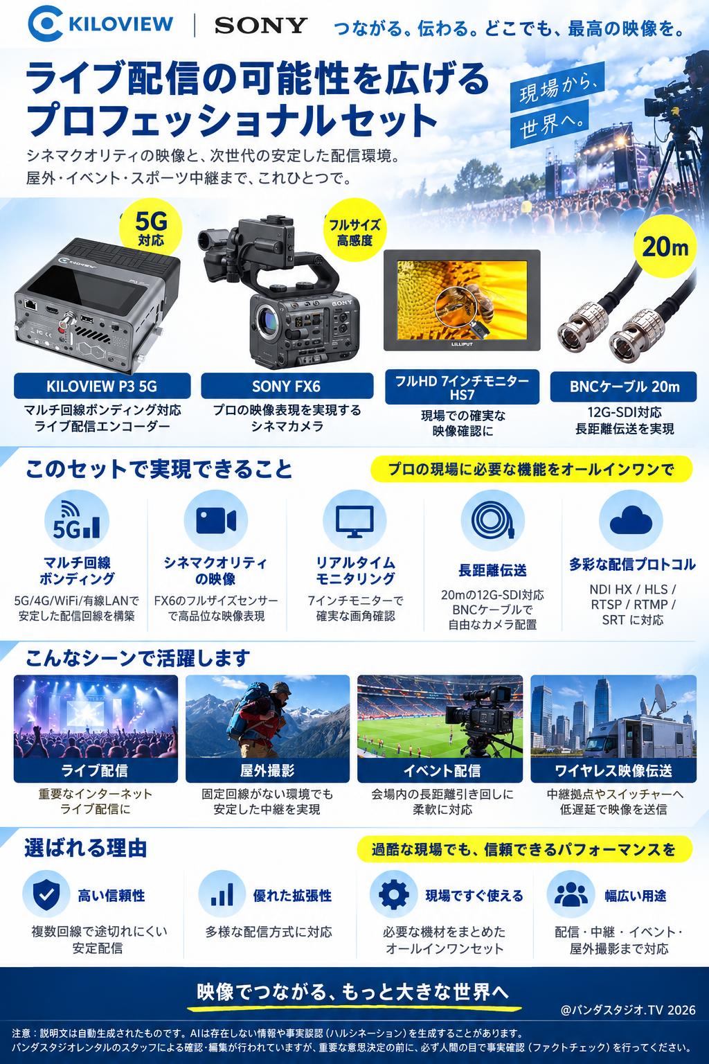 KILOVIEW P3 5G / SONY FX6 / BNCケーブル 20m / FullHD7インチモニター HS7セット 概要