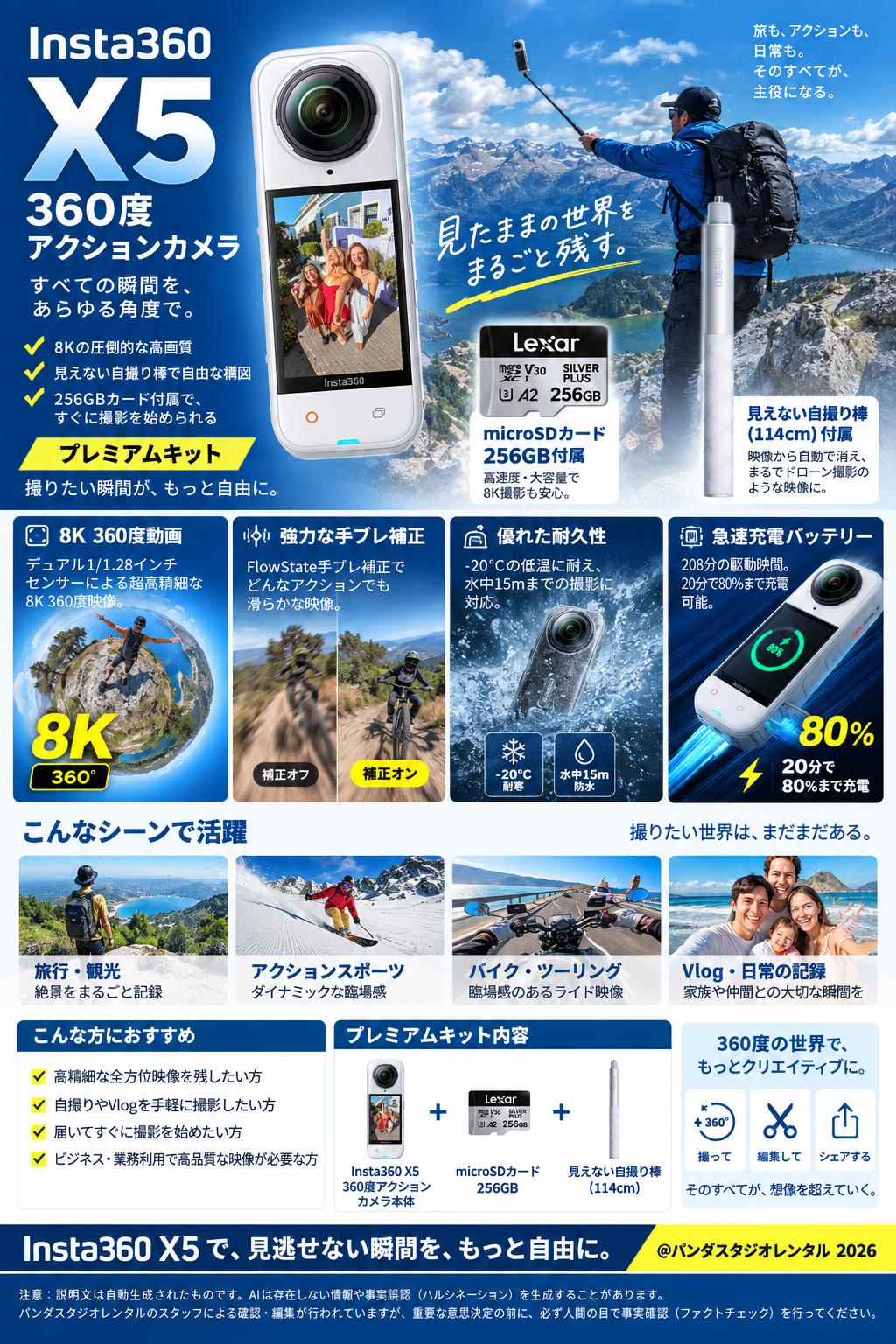 Insta360 X5 360度アクションカメラ  マイクロSDカード 256GB付属 プレミアムキット 概要