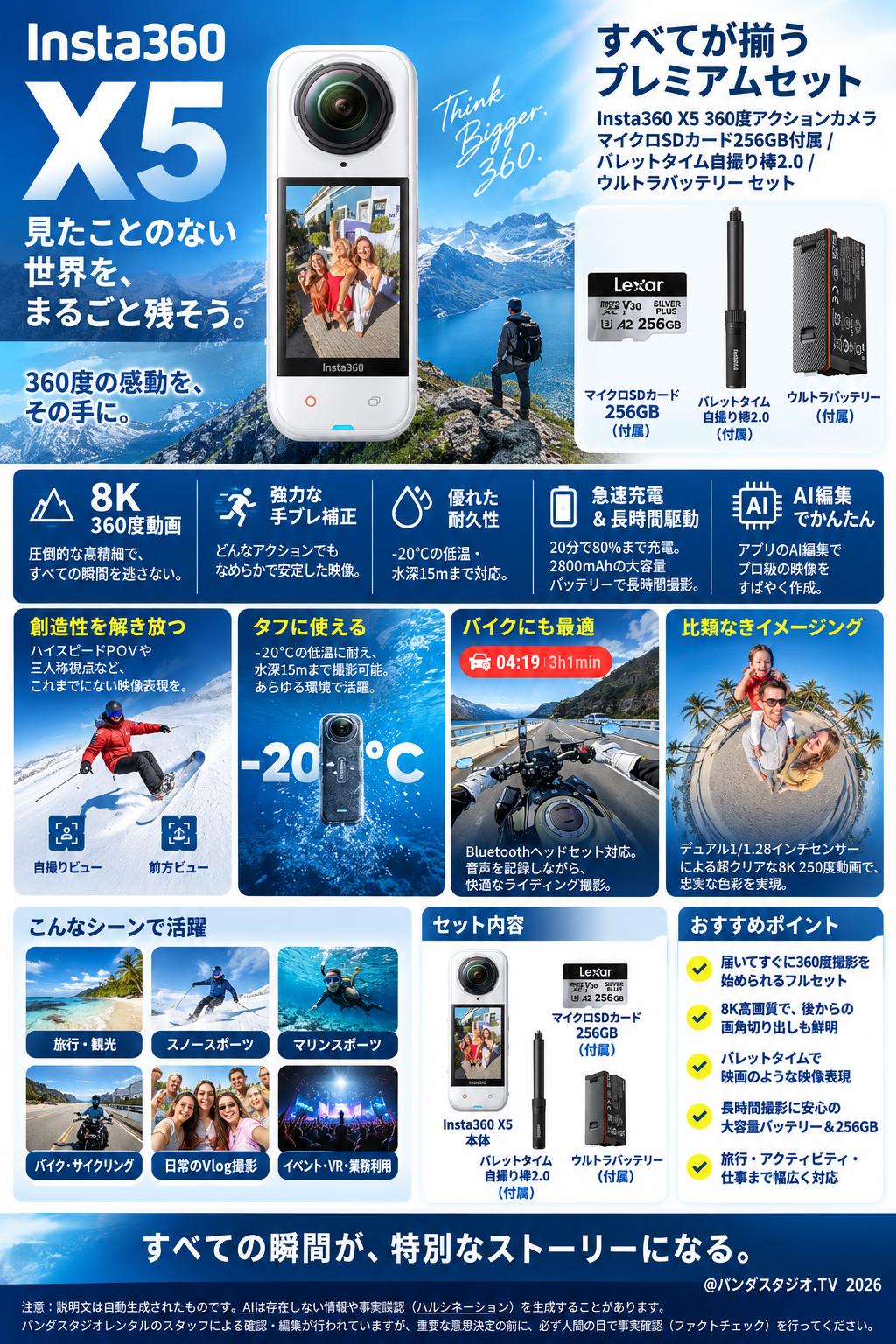 Insta360 X5 360度アクションカメラ マイクロSDカード 256GB付属 / バレットタイム 自撮り棒2.0 / ウルトラバッテリー セット 概要
