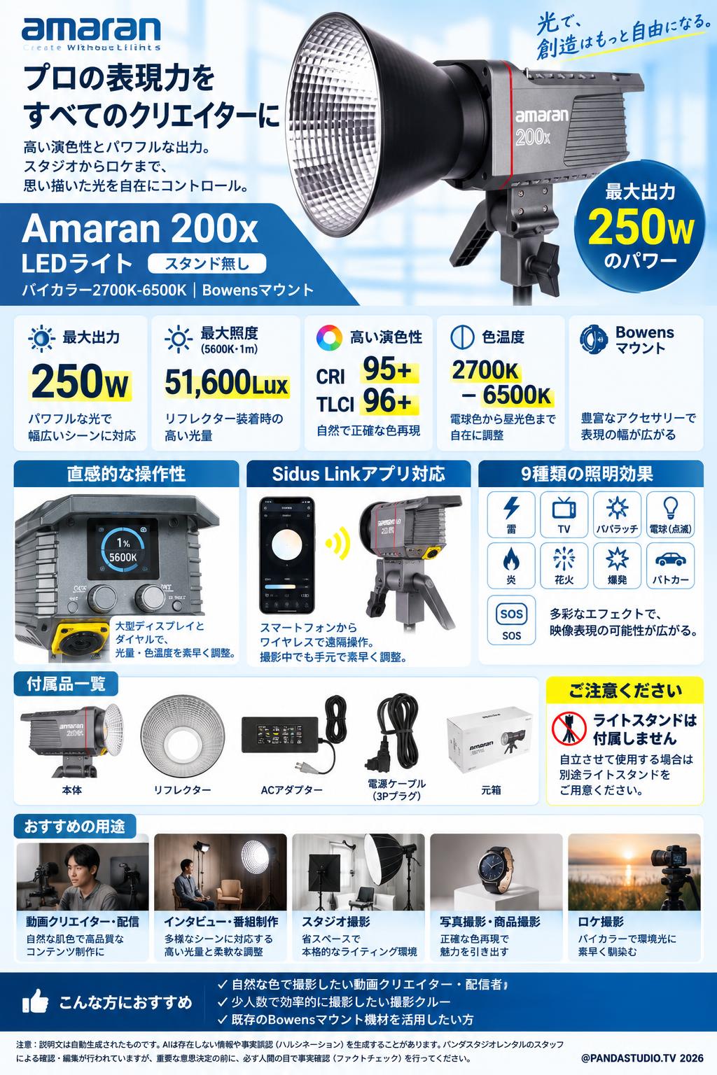 Amaran 200x LEDライト 250W バイカラー2700K-6500K CRI95+ TLCI96+ 51600Luxx (スタンド無し)[ボーエンズマウント] 概要