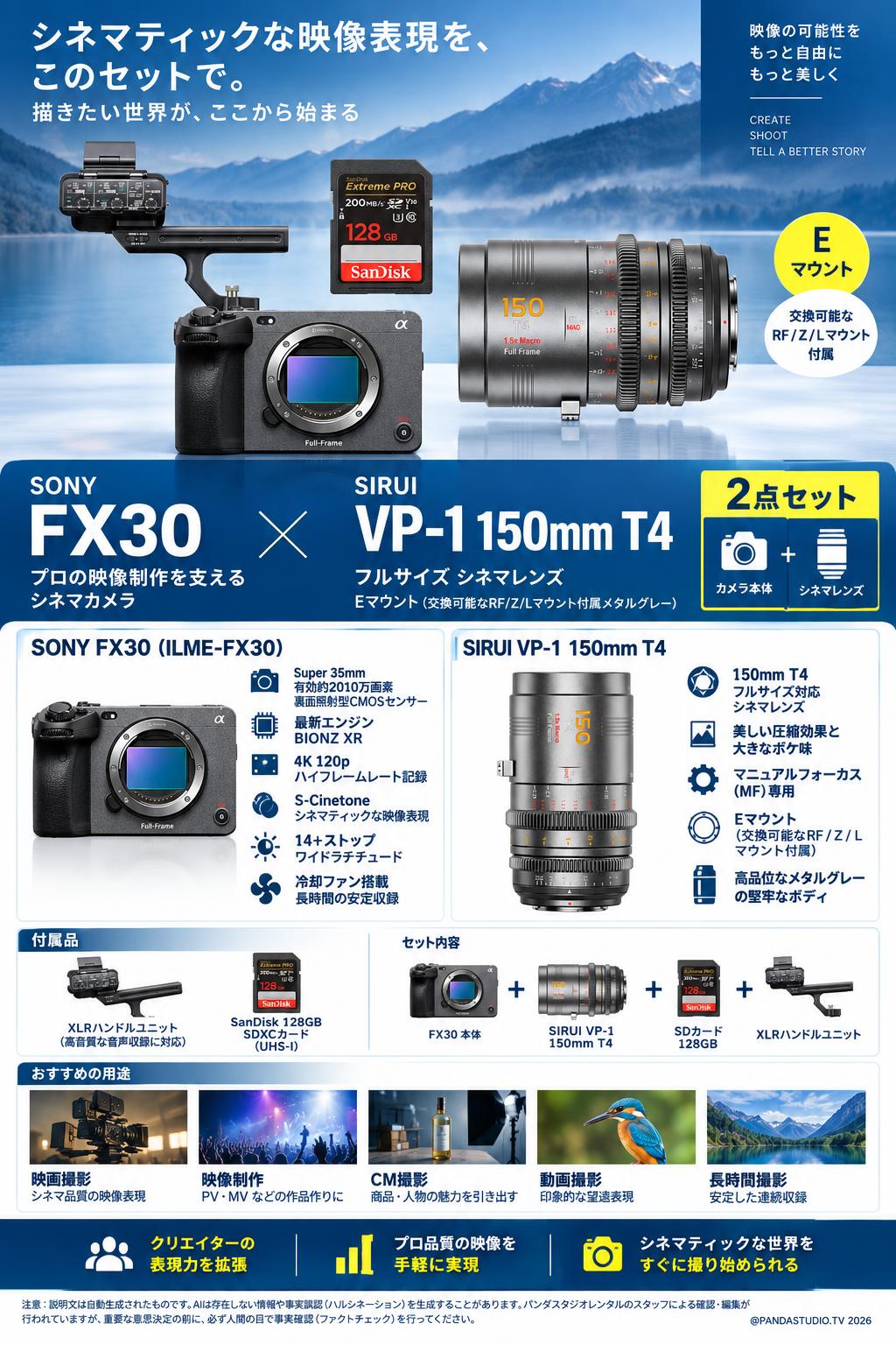 SONY FX30  ILME-FX30 / SIRUI VP-1  150mm T4 フルサイズ シネマレンズ  Eマウント (交換可能な RF/Z/Lマウント 付属メタルグレー) セット 概要
