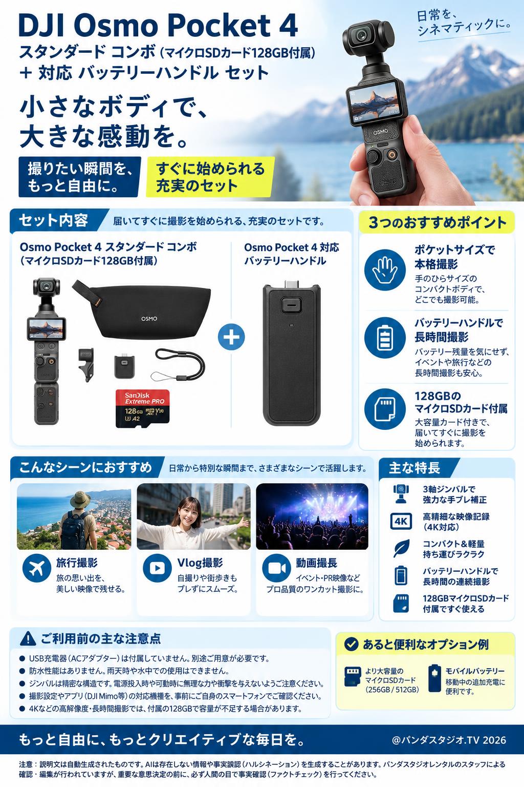 DJI Osmo Pocket 4 スタンダード コンボ  (マイクロSDカード128GB付属) + DJI Osmo Pocket 4 対応 バッテリーハンドル セット 概要