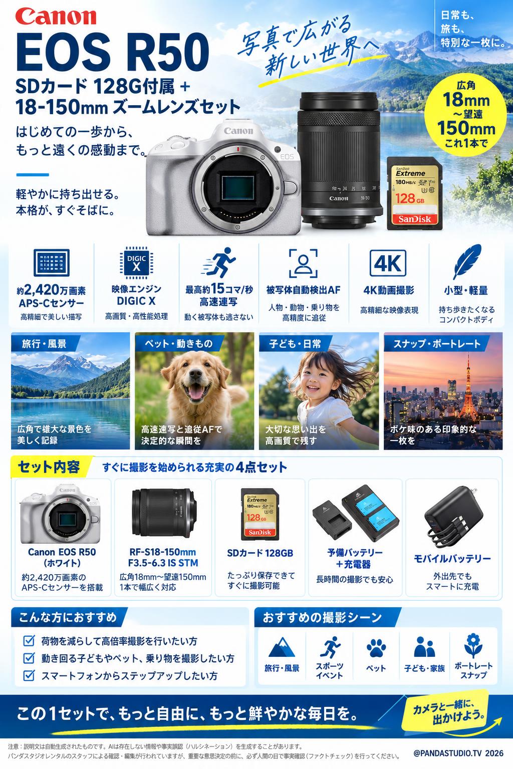 Canon EOS R50 SDカード 128G付属 ＋ 18-150mm ズームレンズセット 概要